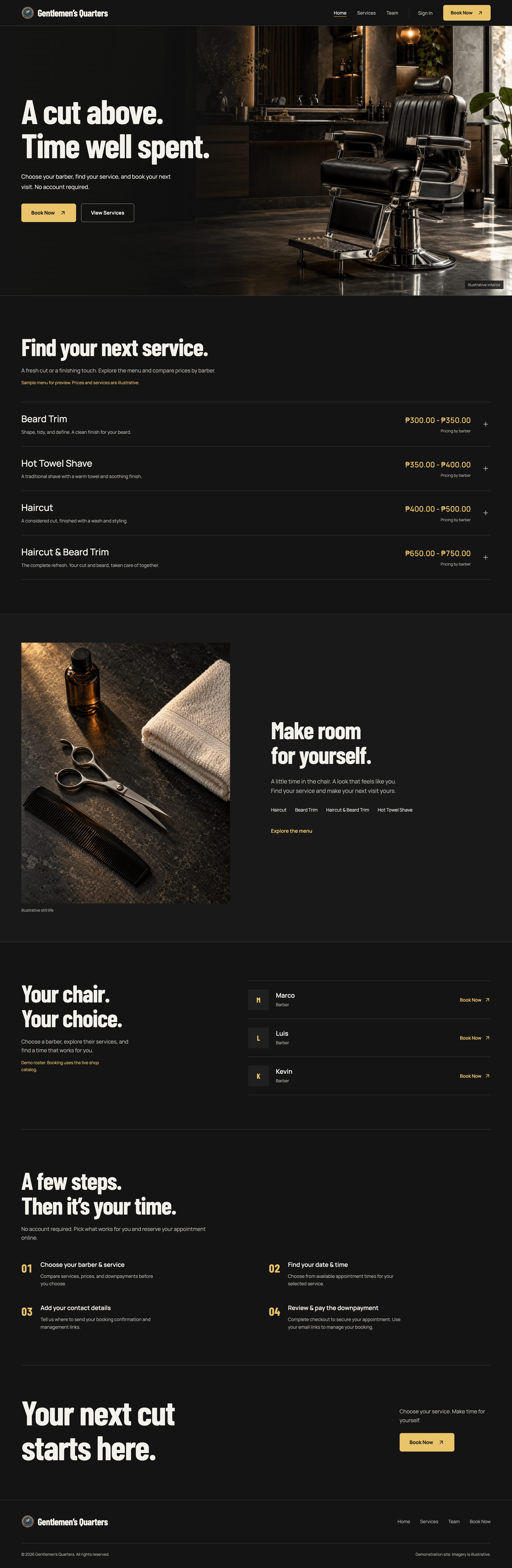 Full-page capture of the Gentlemen's Quarters homepage, from the booking hero down to the footer