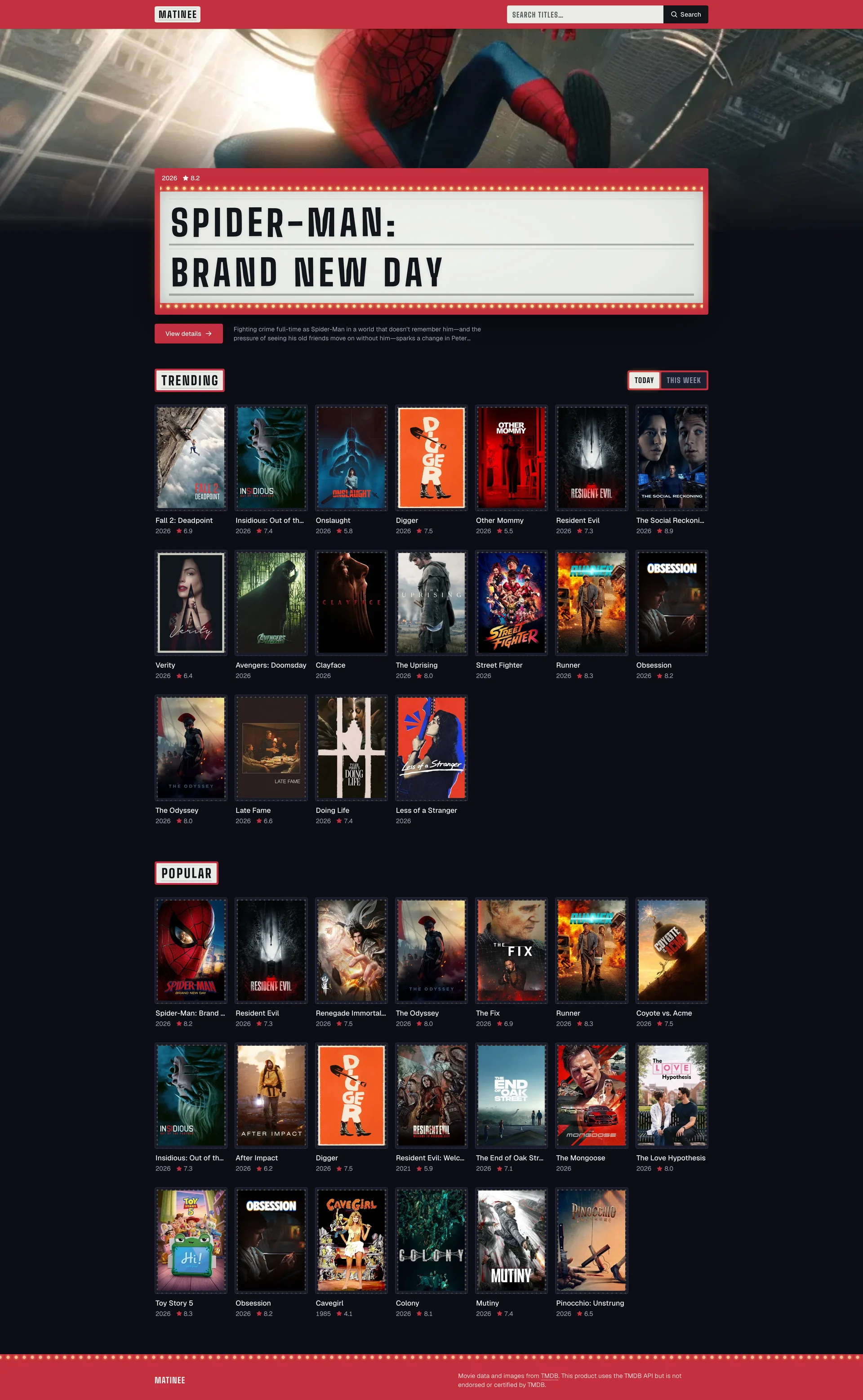 Full-page capture of Matinee with a Spider-Man cinema marquee hero and grids of trending and popular movie posters