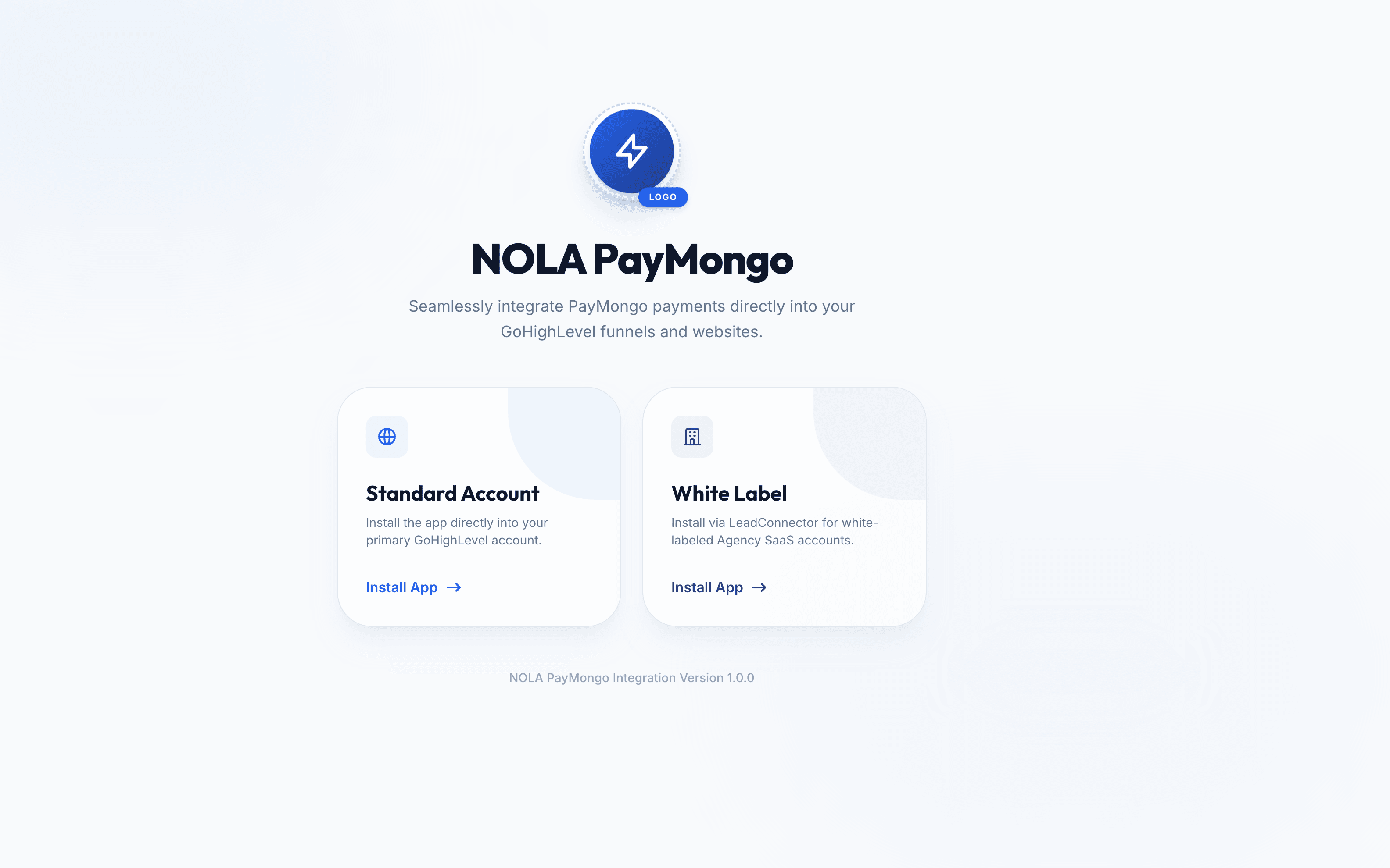 NOLA PayMongo landing page with Standard Account and White Label install options