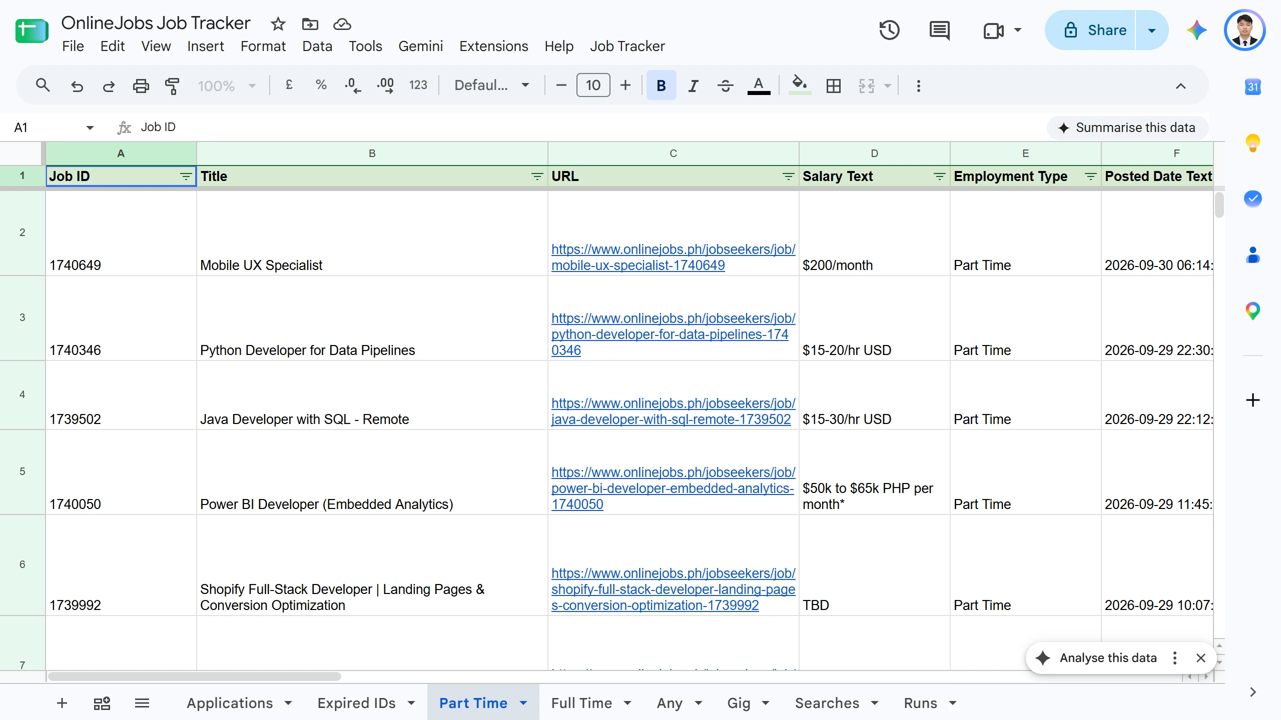 Job Tracker Google Sheet showing matched OnlineJobs.ph roles with salary and employment type