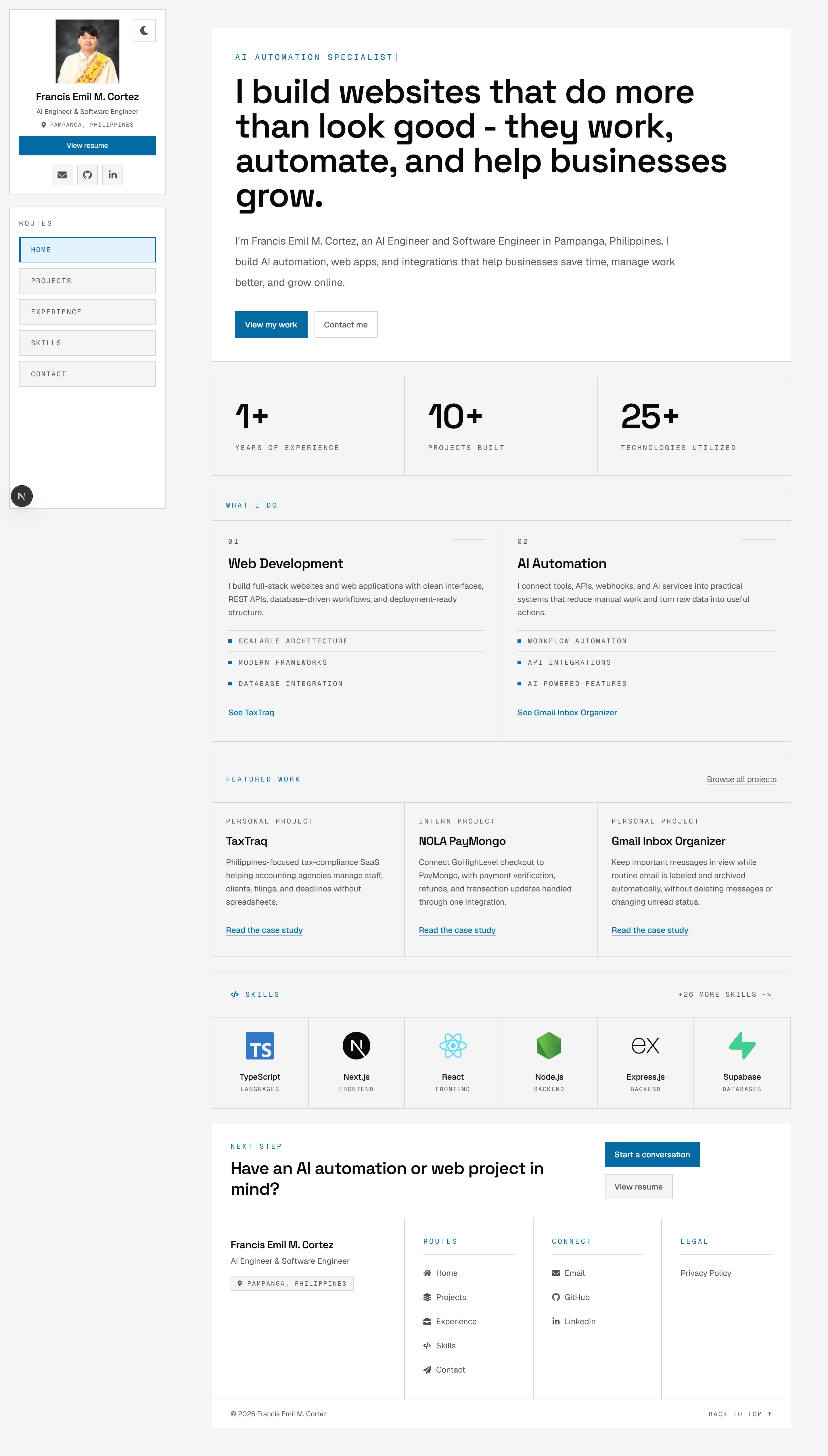 Full-page capture of the portfolio homepage, from the hero and sidebar navigation down to the footer