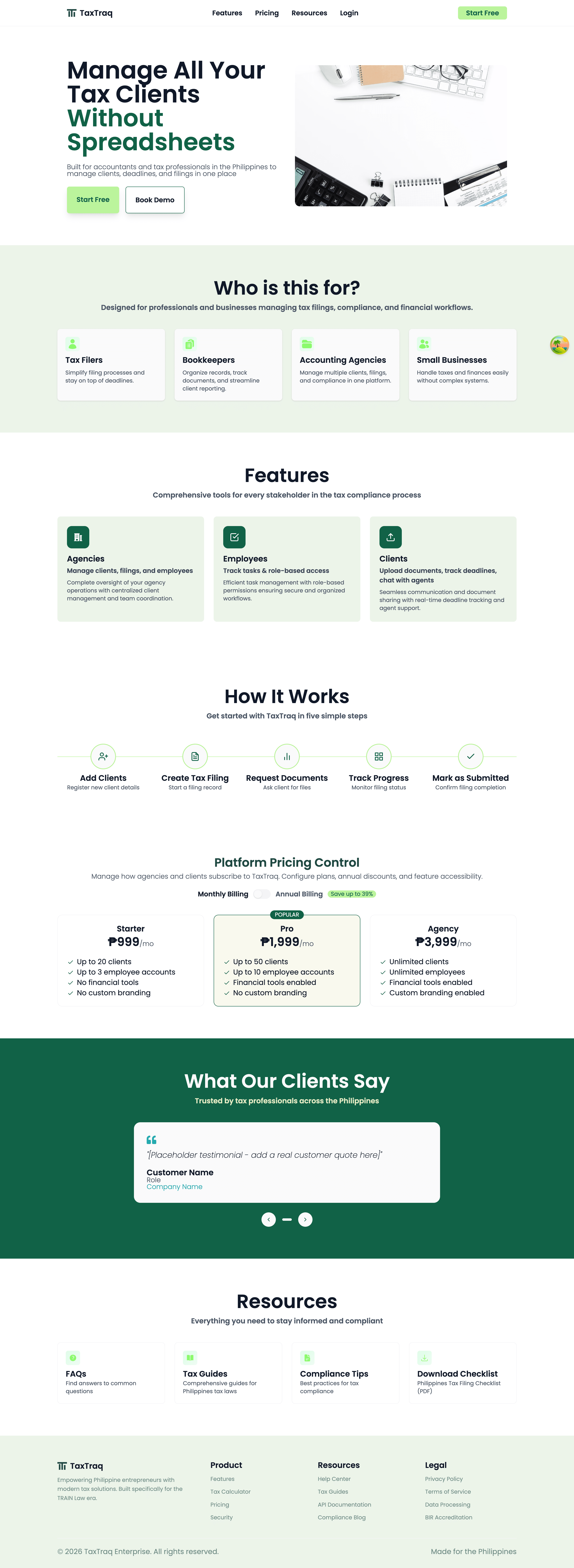 Full-page capture of the TaxTraq landing page, from the tax client management hero down to the footer