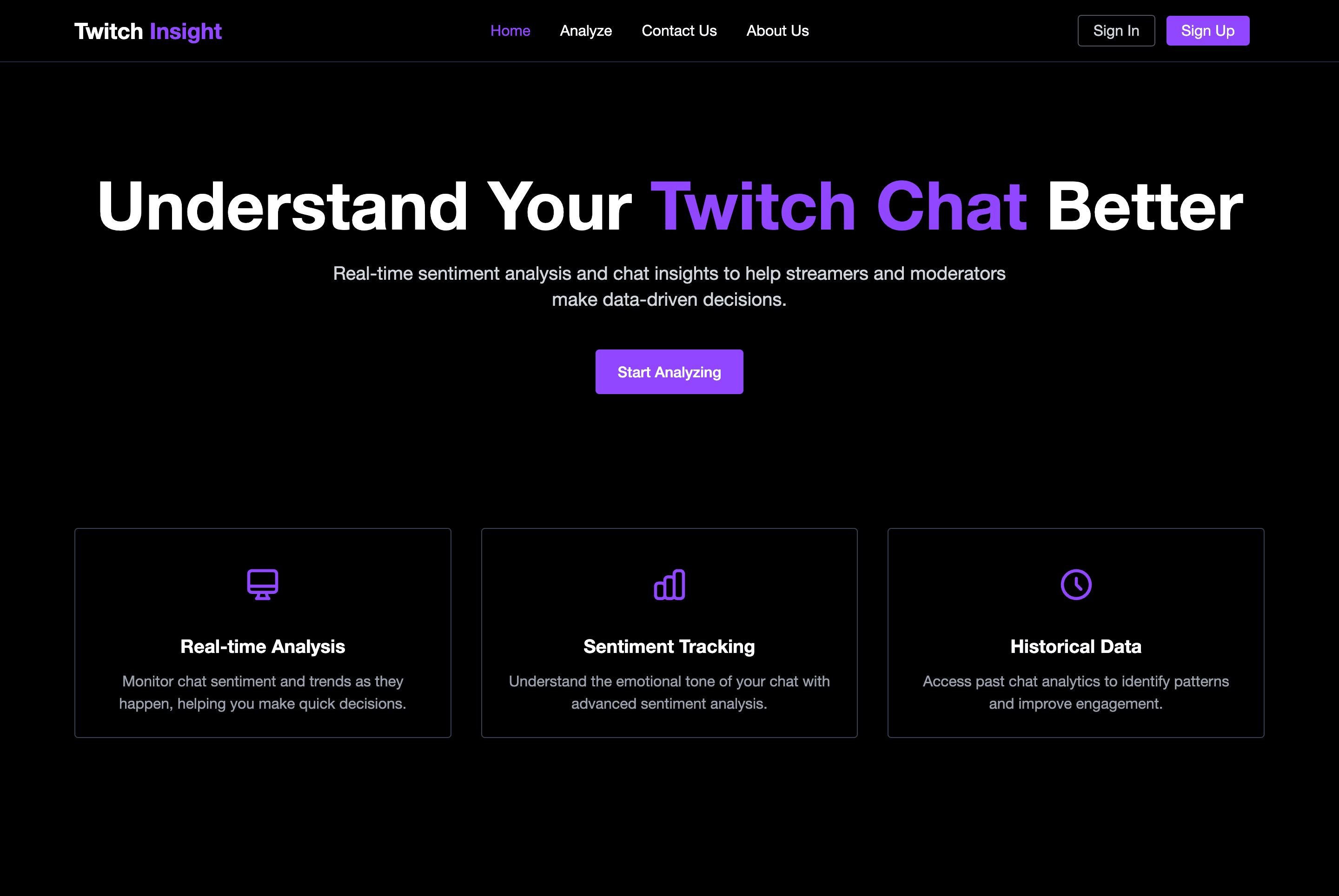 Twitch Insight landing page with the Understand Your Twitch Chat Better headline and feature cards